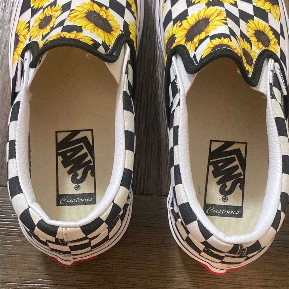 Vans Customs Black and White with Yellow Sunflower Checkerboard Sneakers (78) - Picture 10 of 13